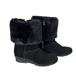 Taryn Rose Evelyn Black Suede Leather Mid Calf Boots Faux Fur Trim Womens 8.5B